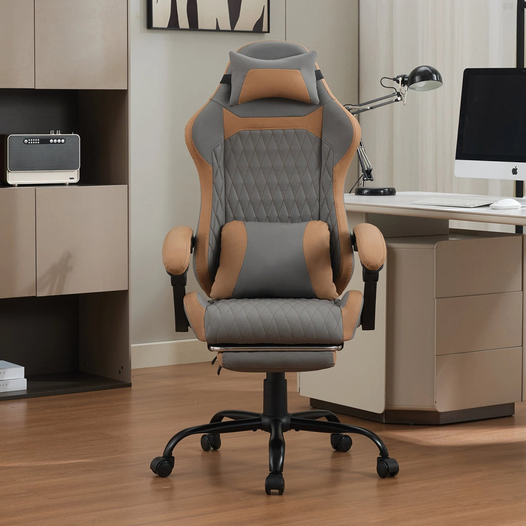 Sedia da ufficio gaming con schienale ergonomico, tasca posteriore e base in metallo, in PVC grigio marrone