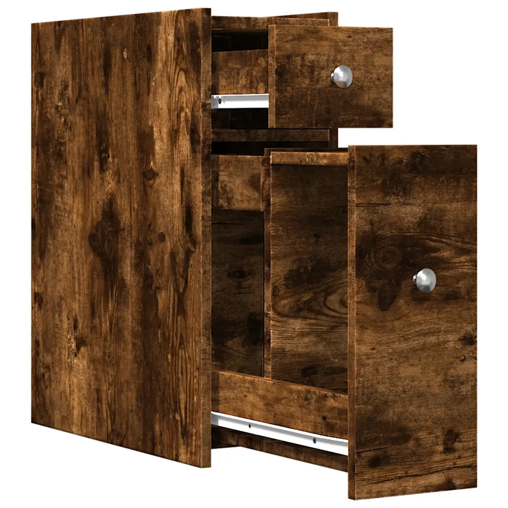 Armadietto da Bagno Stretto con Ruote Rovere Fumo in Truciolato