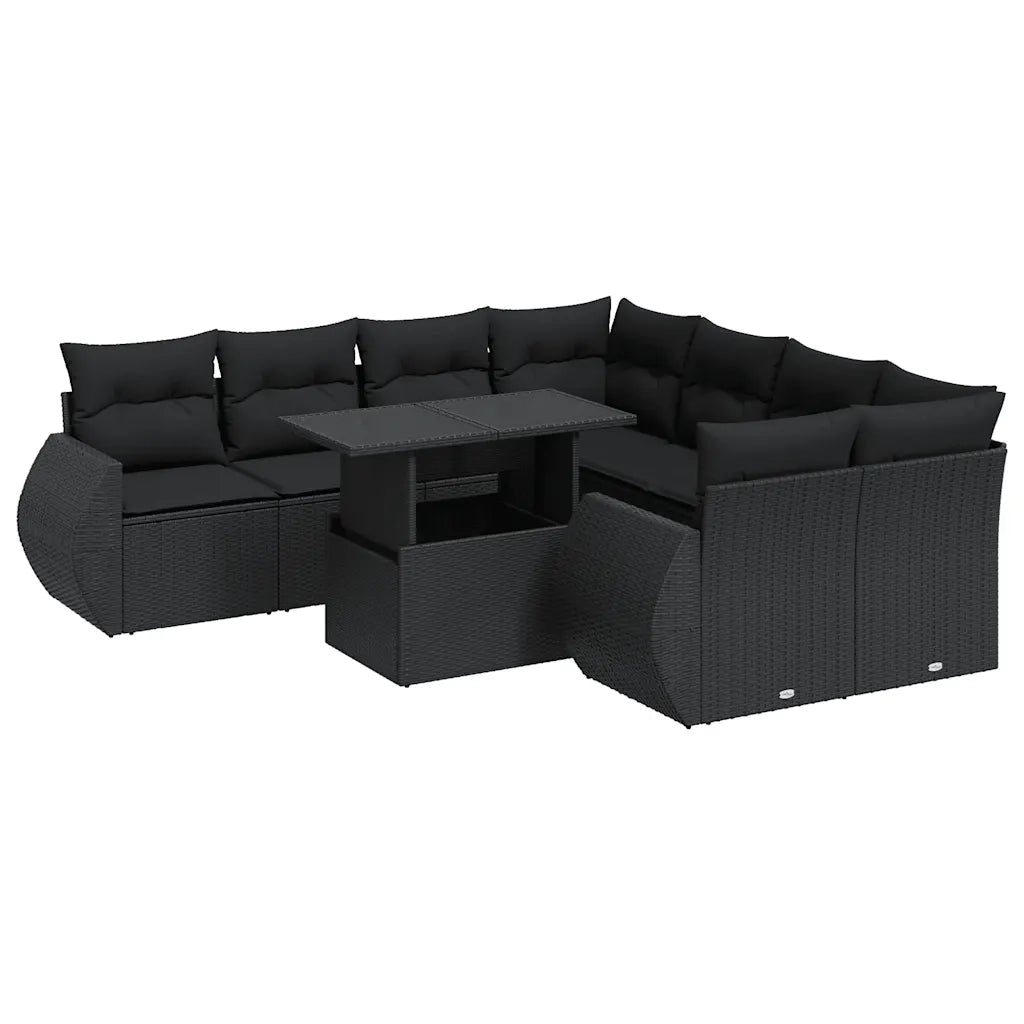 Set Divani da Giardino 9 pz con Cuscini Nero in Polyrattan 3326606