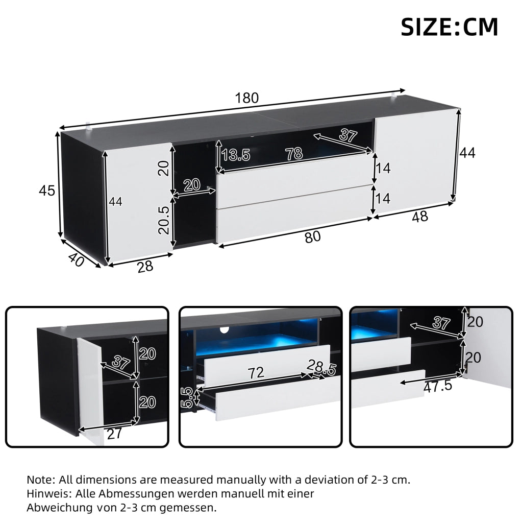 Mobile TV 180 x 40 x 45 cm con LED, 2 cassetti e 2 vani, bianco e nero