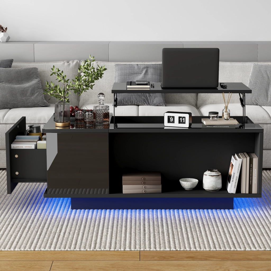TAVOLO da caffè 100 x 50 x 40 cm nero con piano regolabile, cassetto e LED