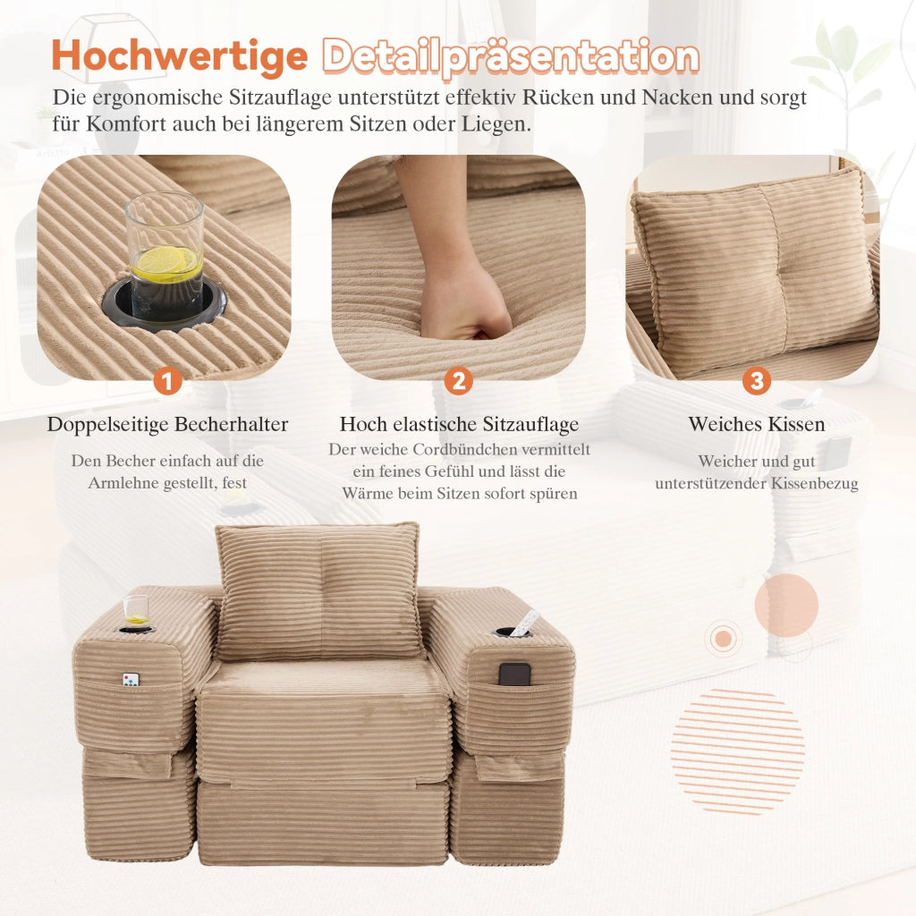 Divano Letto Pieghevole a Cordoncino ¨C MINIMAL ¨C con Braccioli, Portabicchieri, Taschino