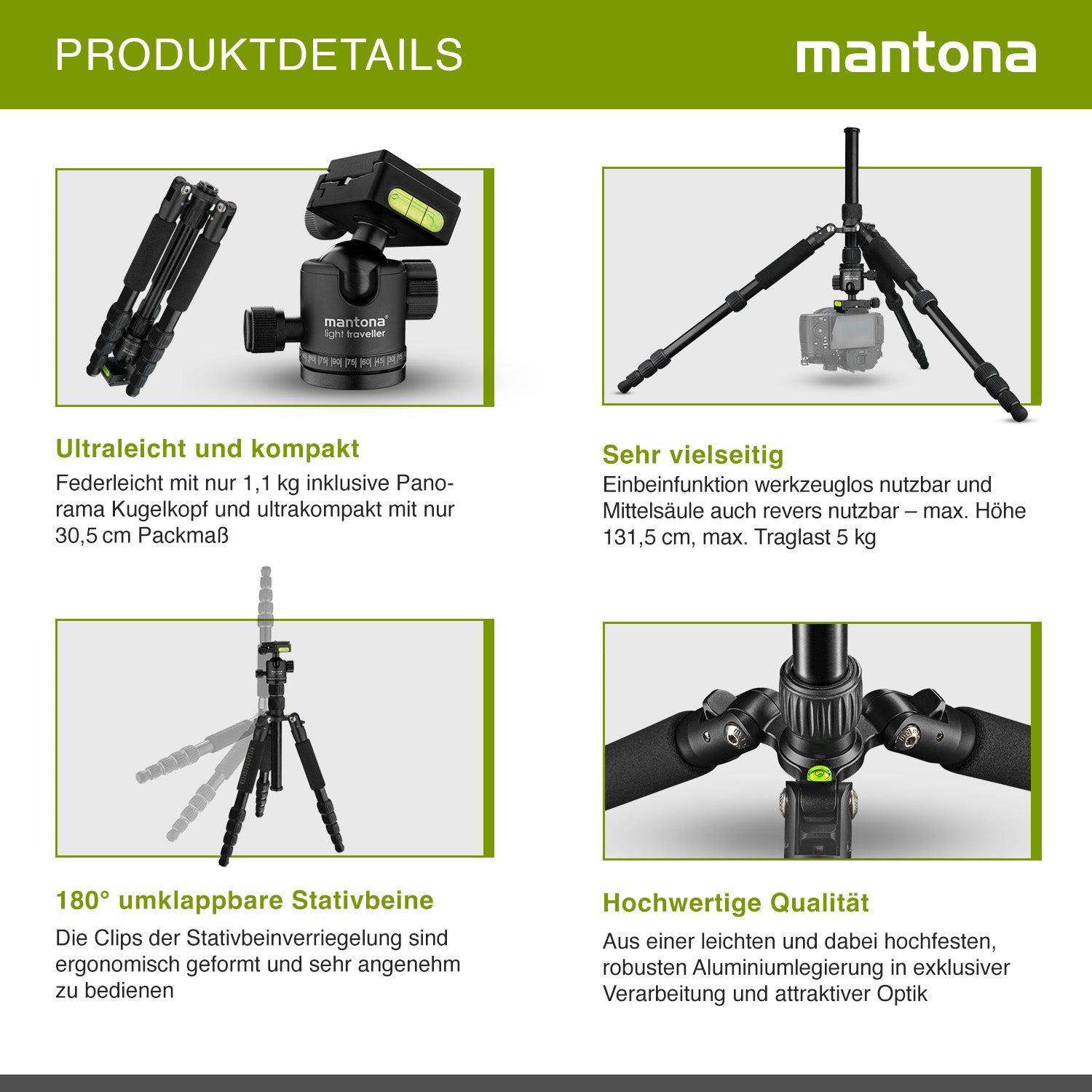 Mantona Cavalletto fotografico da viaggio, 131,5 cm nero, alluminio, max 5 kg, con testa a sfera e Arca-Swiss, Treppiedi Stativo fotografia
