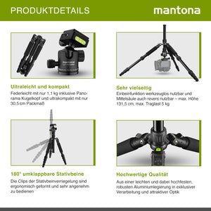 Mantona Cavalletto fotografico da viaggio, 131,5 cm nero, alluminio, max 5 kg, con testa a sfera e Arca-Swiss, Treppiedi Stativo fotografia