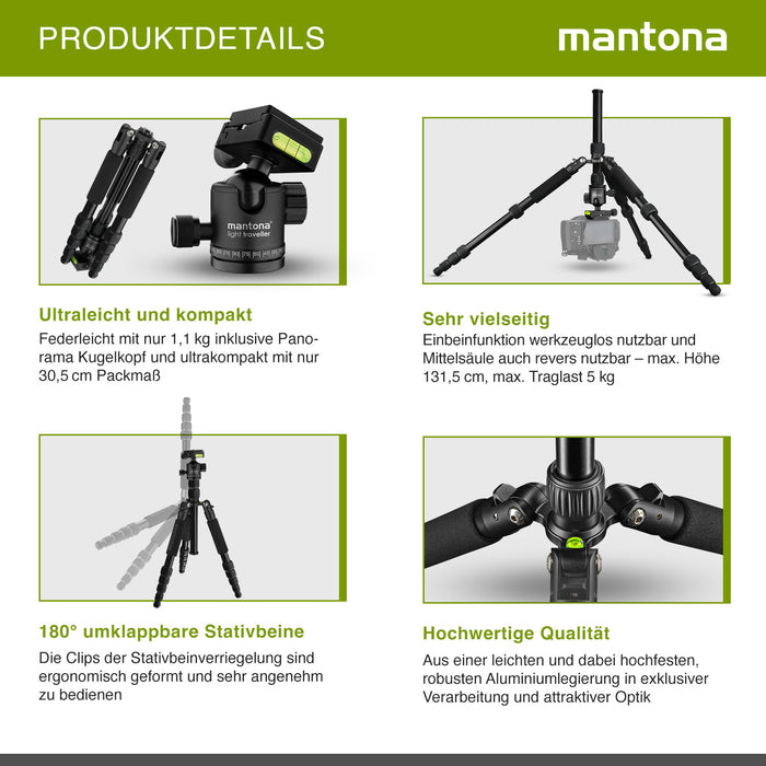Mantona Cavalletto fotografico da viaggio, 131,5 cm nero, alluminio, max 5 kg, con testa a sfera e Arca-Swiss, Treppiedi Stativo fotografia