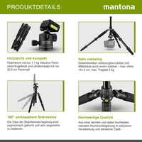 Mantona Cavalletto fotografico da viaggio, 131,5 cm nero, alluminio, max 5 kg, con testa a sfera e Arca-Swiss, Treppiedi Stativo fotografia