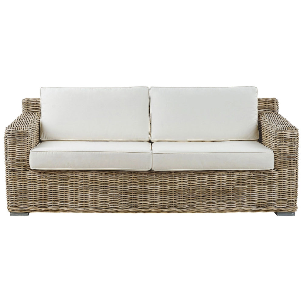 Set conversazione da giardino marrone con cuscini bianchi da esterno in rattan a 4 posti