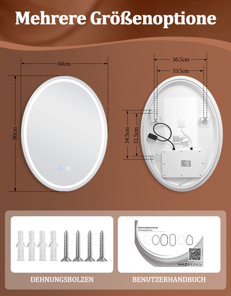 ZMH Specchio da bagno ovale con luce LED 60x80 cm parete IP44 touch antiappannamento dimmerabile 3000K-6500K