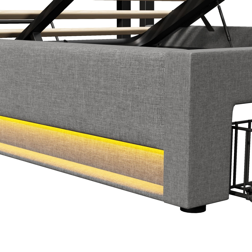 Letto contenitore imbottito ULEVR 140x200 cm con LED, USB e Type-C, cassetti laterali, lino grigio
