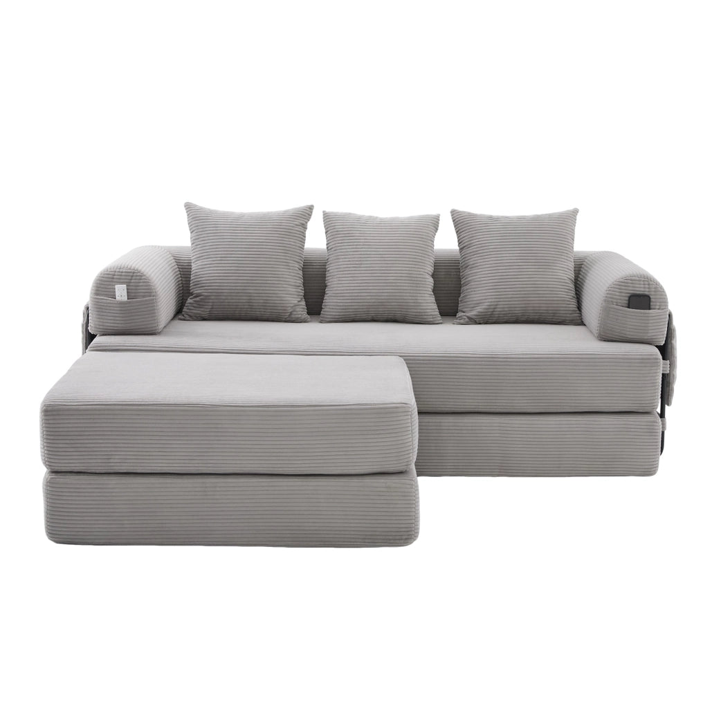 Divano modulare in velluto a coste con pouf, grigio chiaro
