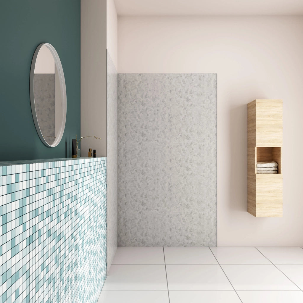 H.210 cm Pannello Doccia ad Angolo 120x120 cm Realizzato in Alluminio da 3 mm con Profili Finitura Grigio Cemento per Rivestimento Parete Bagno