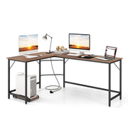 Scrivania ad angolo a L con presa di corrente, Scrivania per computer da 168cm con supporto CPU e telaio in metallo Naturale-Scrivanie