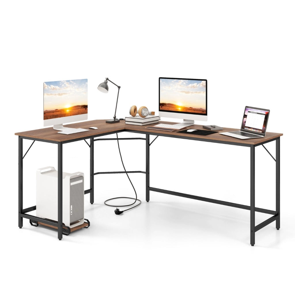 Scrivania ad angolo a L con presa di corrente, Scrivania per computer da 168cm con supporto CPU e telaio in metallo Naturale-Scrivanie