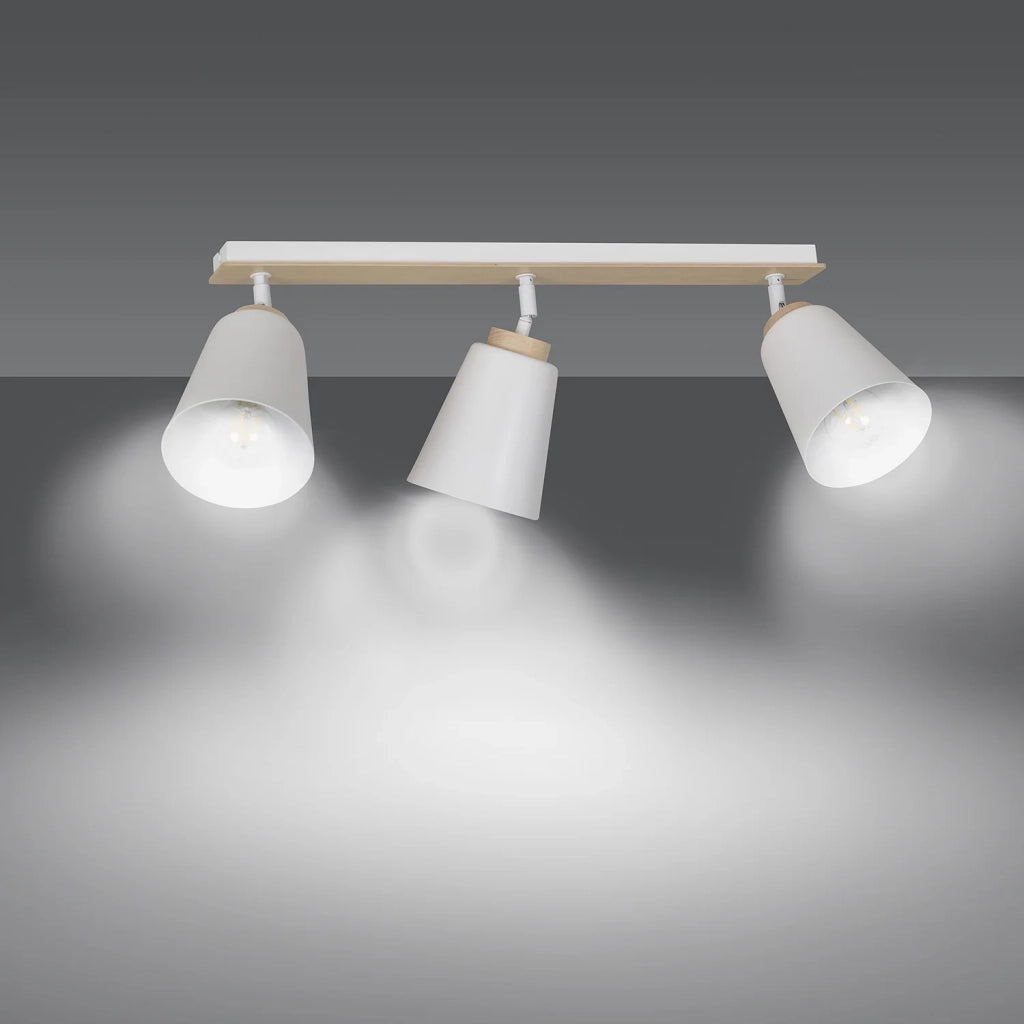 Plafoniera Spot Faretti Orientabili 3 Luci Xiwangmu Acciaio Bianco E Legno Naturale