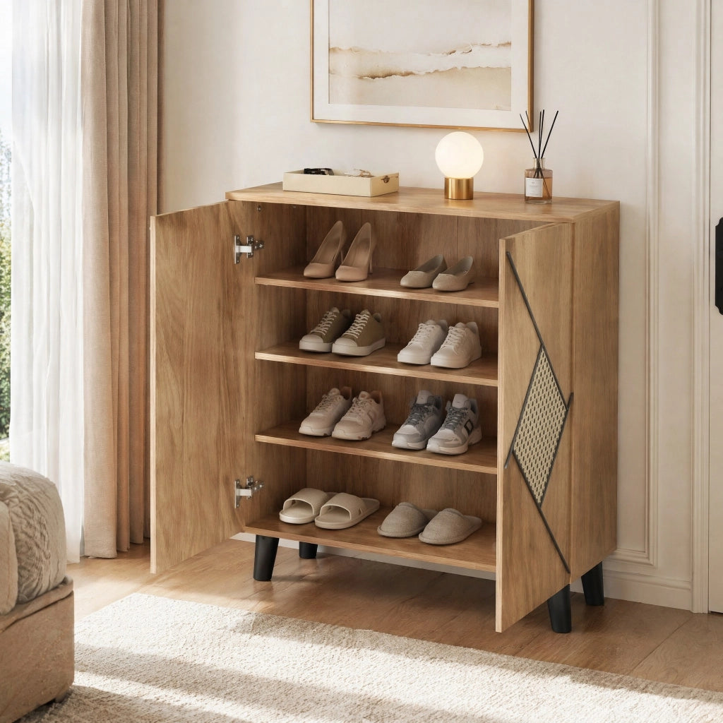 Scarpiera moderna con frontale effetto rattan; 80x31x91 cm; in legno