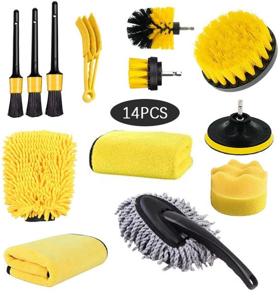 Kit di pulizia auto a 14 pezzi con spazzola elettrica per pulizia delle gomme con fascia gialla