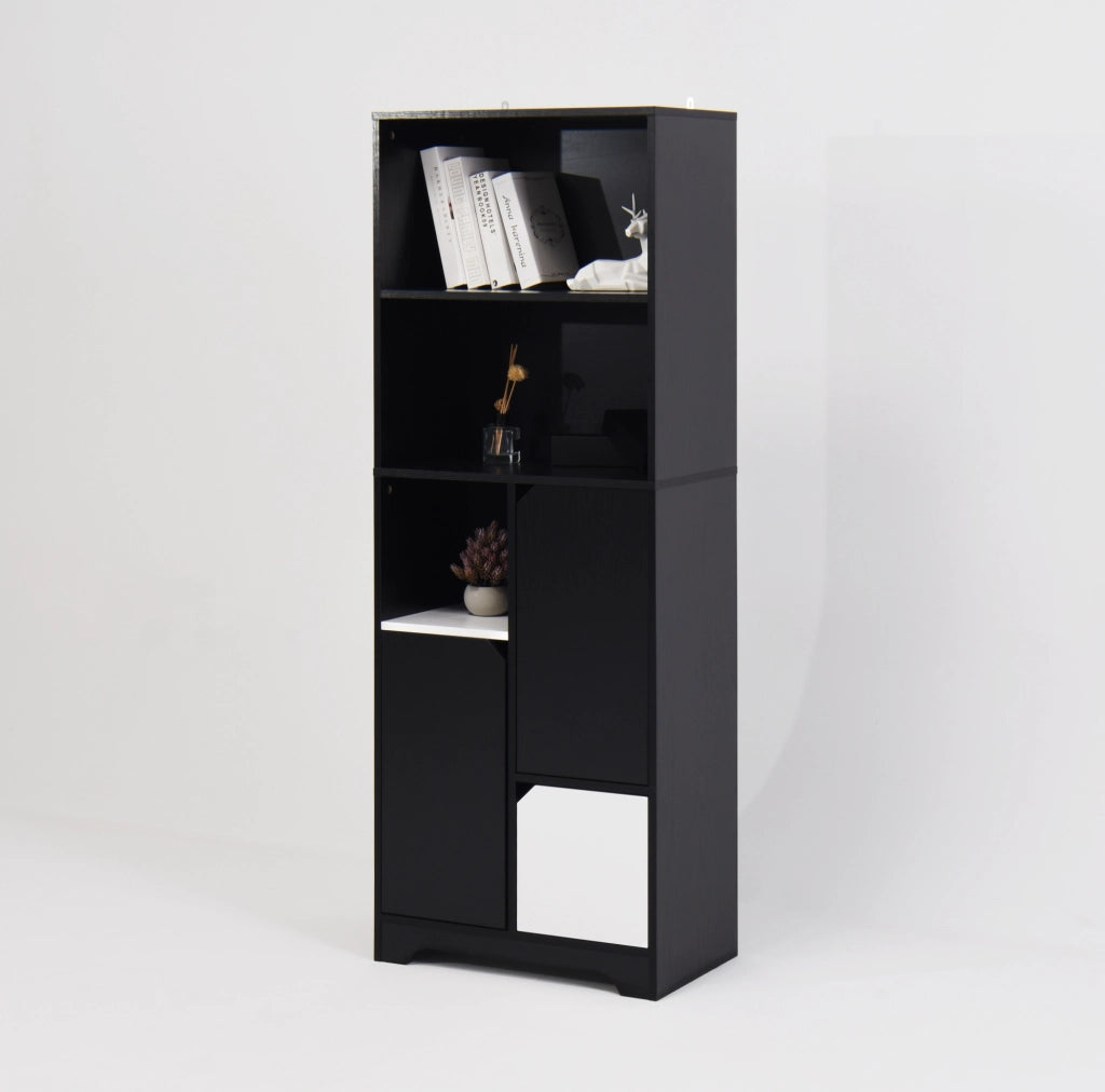 Libreria con 2 ripiani aperti e anta; 60x35x160 cm; truciolare nero