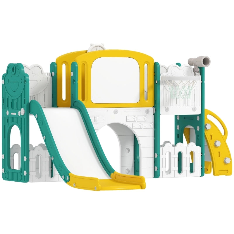 Set da arrampicata 7 in 1 per bambini con scivolo, canestro, tunnel, telescopio, parete, box e lavagna