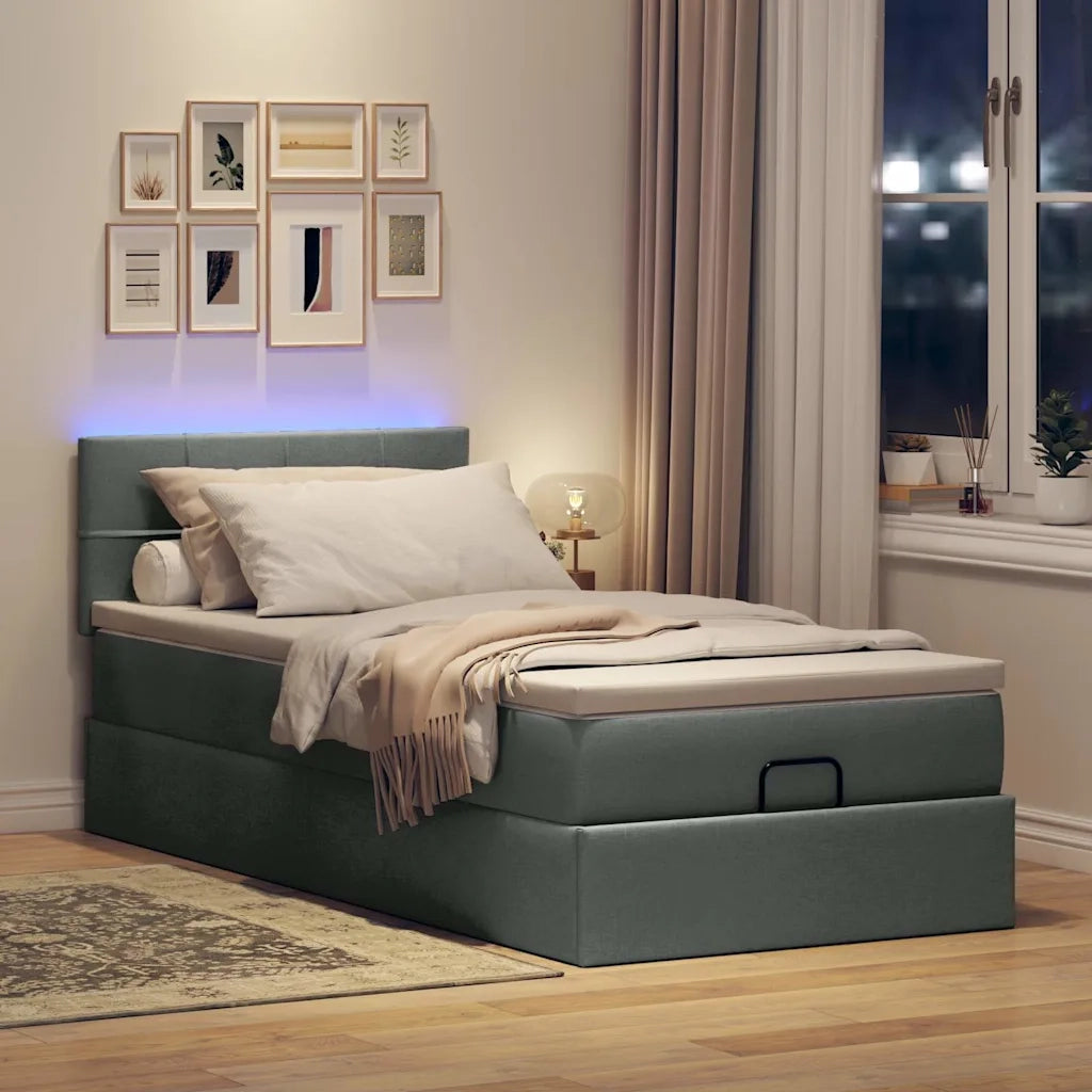 Pouf Letto con Materasso e LED Grigio Scuro 90x200 cm Tessuto