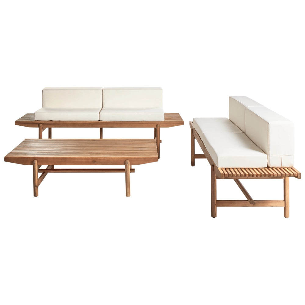 Set di divani da giardino Cuscini bianco sporco Legno di acacia Rustico per esterni 4 posti con tavolino