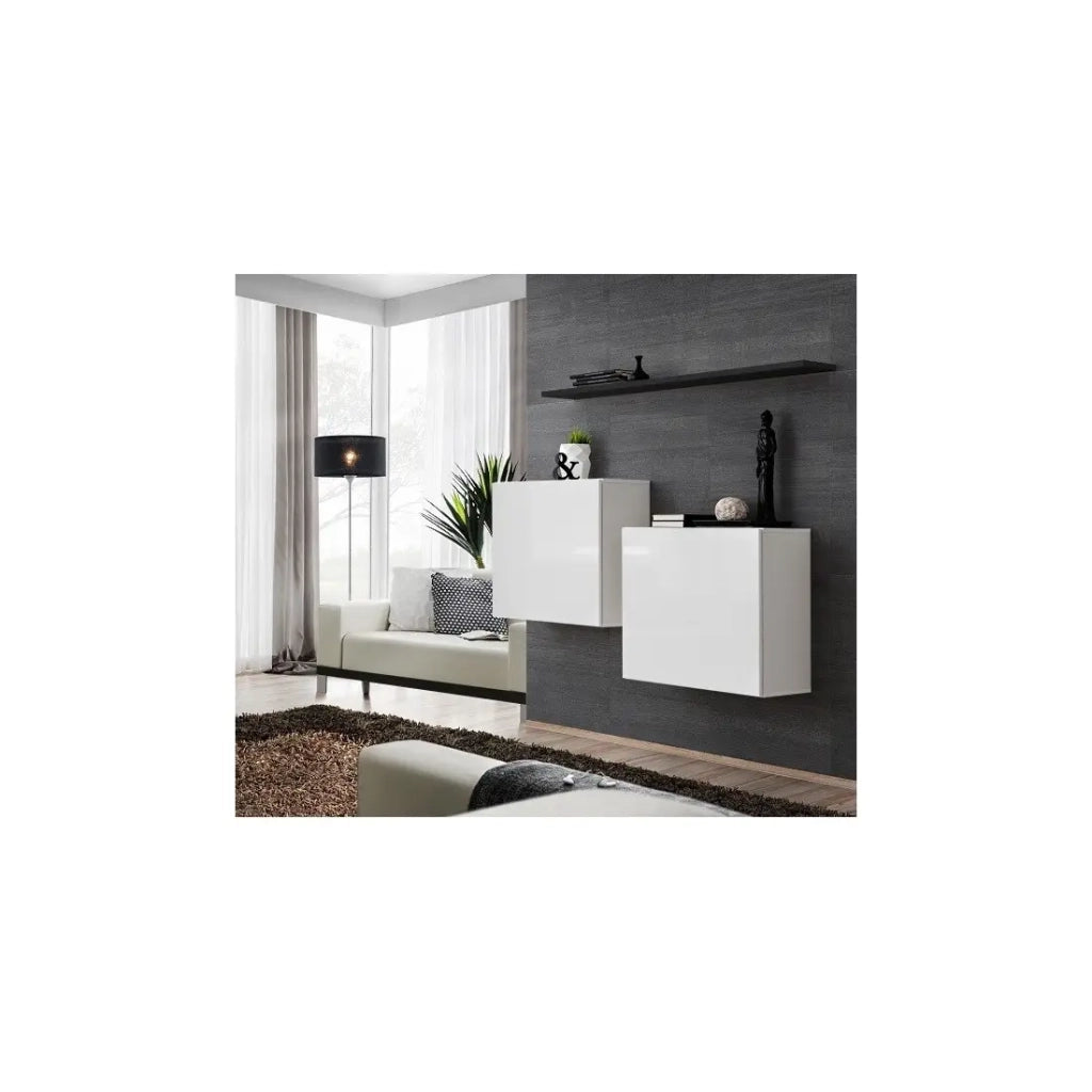 Set di mobili da salotto SWITCH SBI design, colore bianco lucido e scaffale nero.