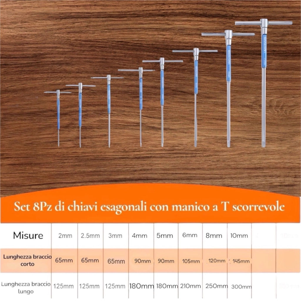 Set Chiavi Esagonali a T 8 Pezzi  2–10mm CR-V con Manico 360° e Custodia Rigida