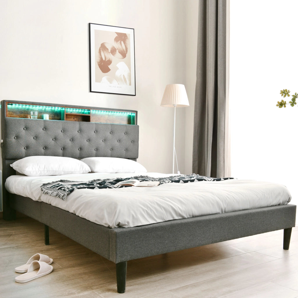 DESMIU Letto contenitore 140 × 200 cm 2 posti con LED, testiera con contenitore e materasso incluso, grigio
