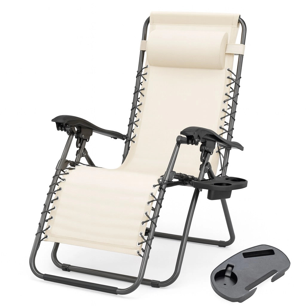 Sedia Poltrona Giardino Gravità Zero Pieghevole Acciaio Oxford con Vassoio Laterale Beige