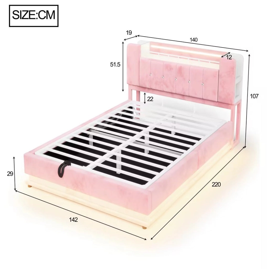Letto matrimoniale 140x200 cm con LED; USB e contenitore idraulico in velluto rosa