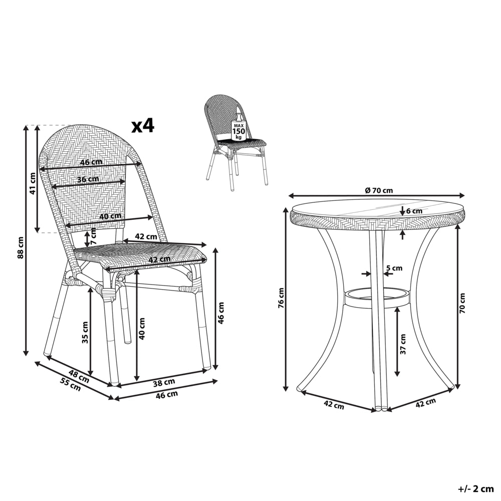 Set da pranzo da giardino a 4 posti Piano in rattan sintetico blu e bianco Tavolo ø 70 e 4 strutture in alluminio impilabili