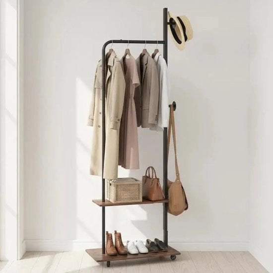 Kapstok con ruote, 2 ganci e 2 pannelli, standard per abbigliamento spazievitore, legno e metallo, 60x30x175