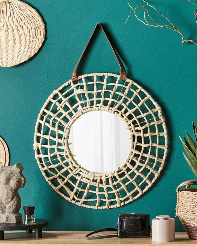 Specchio A Parete Appeso Decorazione Domestica Cornice In Bambù Rustico Design Boho Arredamento Soggiorno Camera Da Letto