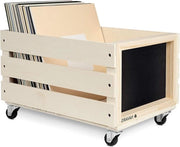 Cassetta di archiviazione per dischi in vinile con lavagna - Scatola in legno su ruote - Stile vintage - Naturale - Scatola di archiviazione per dischi - Spazio per 50-80 dischi in vinile