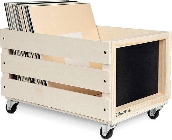 Cassetta di archiviazione per dischi in vinile con lavagna - Scatola in legno su ruote - Stile vintage - Naturale - Scatola di archiviazione per dischi - Spazio per 50-80 dischi in vinile