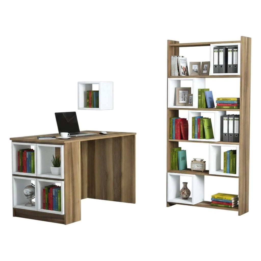 Scrivania Hongyu, Scrittoio multiuso, Tavolo per ufficio porta PC con libreria, 120x65h75 cm, Noce e Bianco