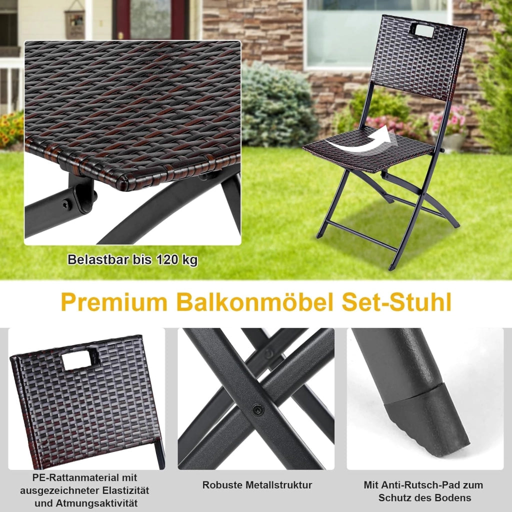 Set di Mobili da Balcone Pieghevole da 3 Pezzi, Mobili da Bistrot, Set Giardino in Rattan, 1 Tavolo e 2 Sedie, Sedia Pieghevole per Balcone, Giardino e Terrazza, Marrone