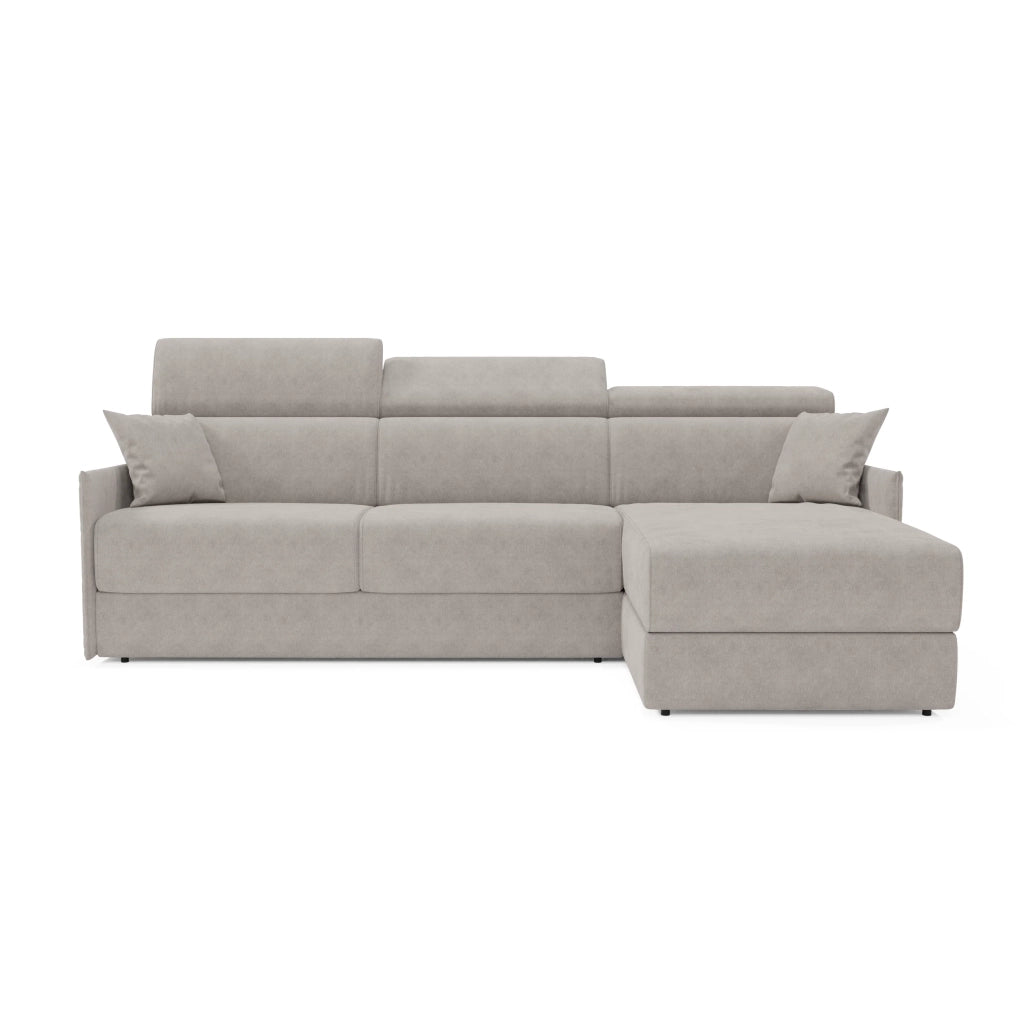 Miryam divano letto angolare compatto - poggiatesta reclinabili e penisola contenitore in tessuto smacchiabile T31 252 cm destro grigio perla