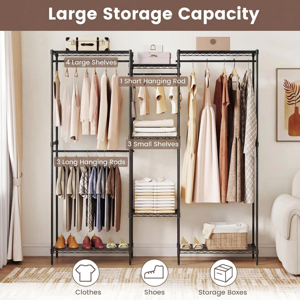 Appendiabiti asino convertibile, armadio per biancheria aperto con 7 ripiani regolabili e 4 aste per appendere, telaio in metallo, 188 x 46 x 198 cm, organizer per vestiti carico max. 530 kg