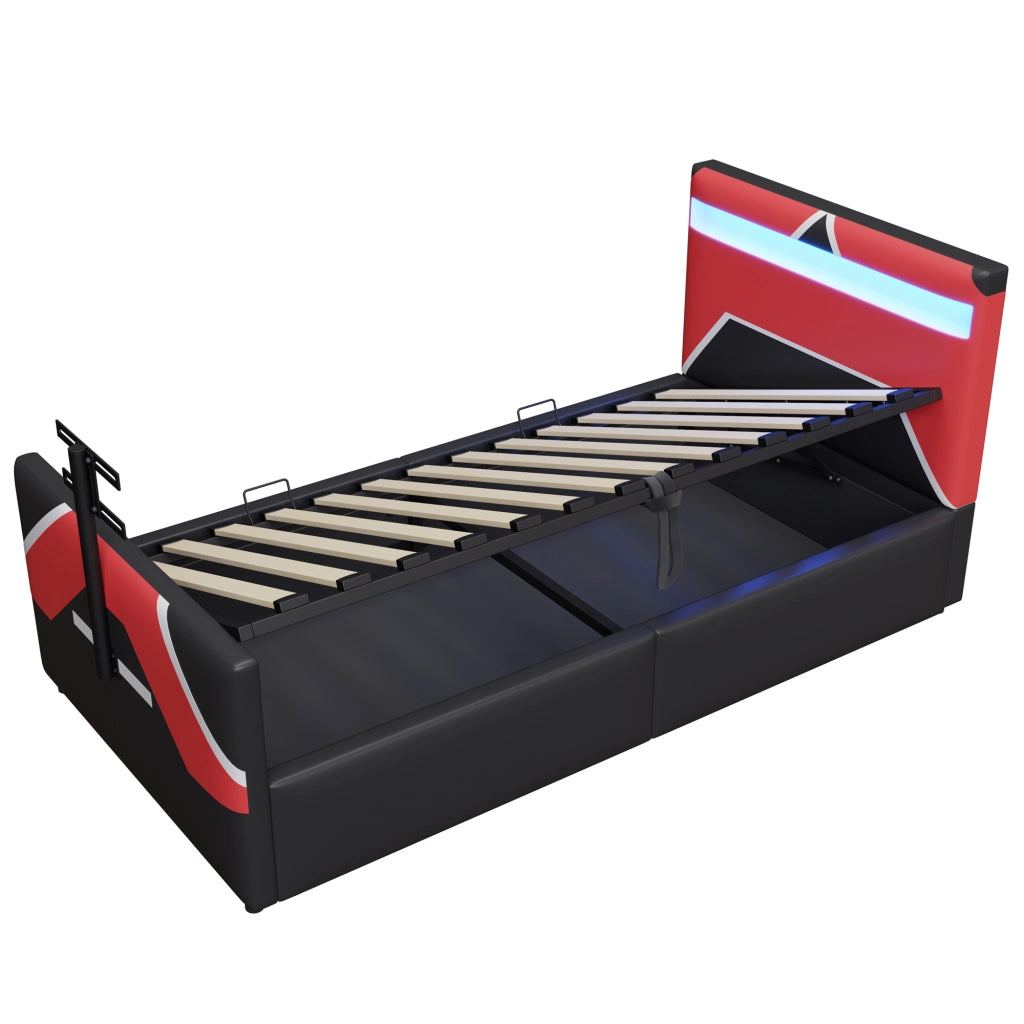 Letto per bambini 90 × 200 cm con LED a colori, contenitore idraulico et supporto TV, senza materasso, nero