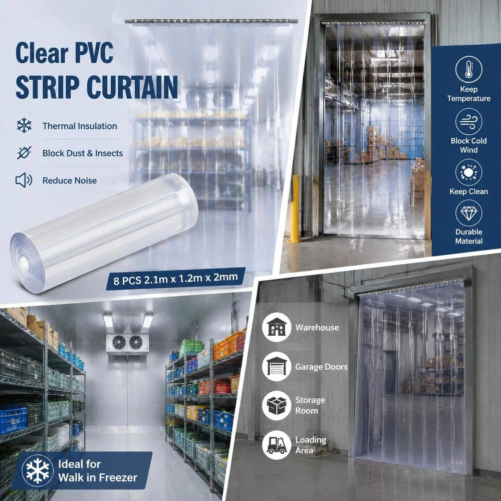 Transparent PVC Strip Curtain, 1220x2134 Mm, 2 Mm Thick, 8 Pcs. Strip Curtain, -55.6℃ To 30℃ Curtain Strips, Plastic Door Strips For Warehouse, Freezer And Garage Doors