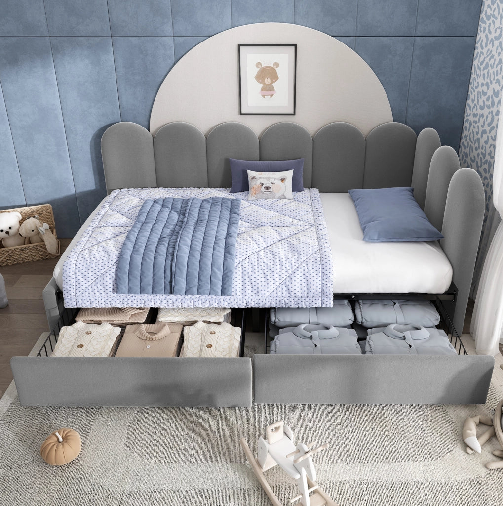 Letto singolo imbottito con 2 cassetti; 90x190 cm; in velluto grigio