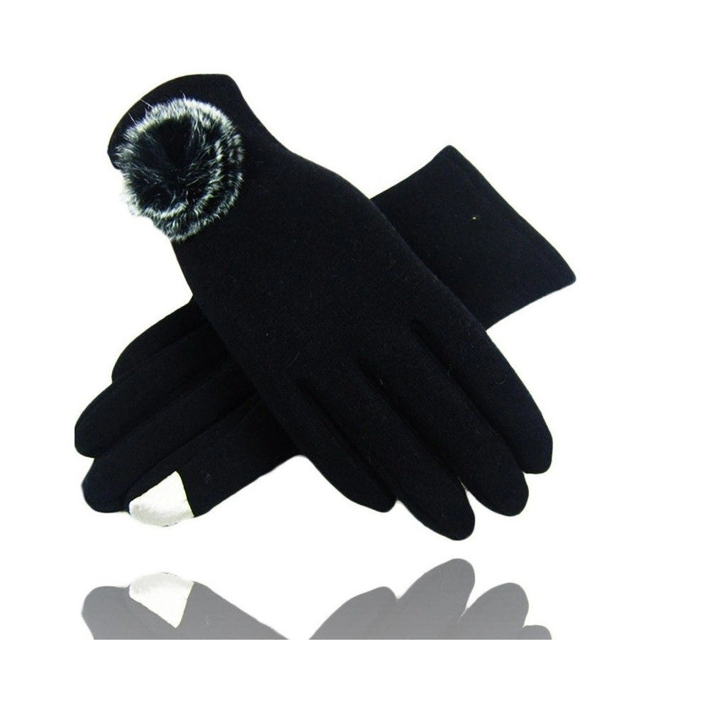 Trade Shop - Guanti Tessuto Nero Cotone Pon Pon Guanto Taglia 8 Gloves Invernale Fodera Pile -