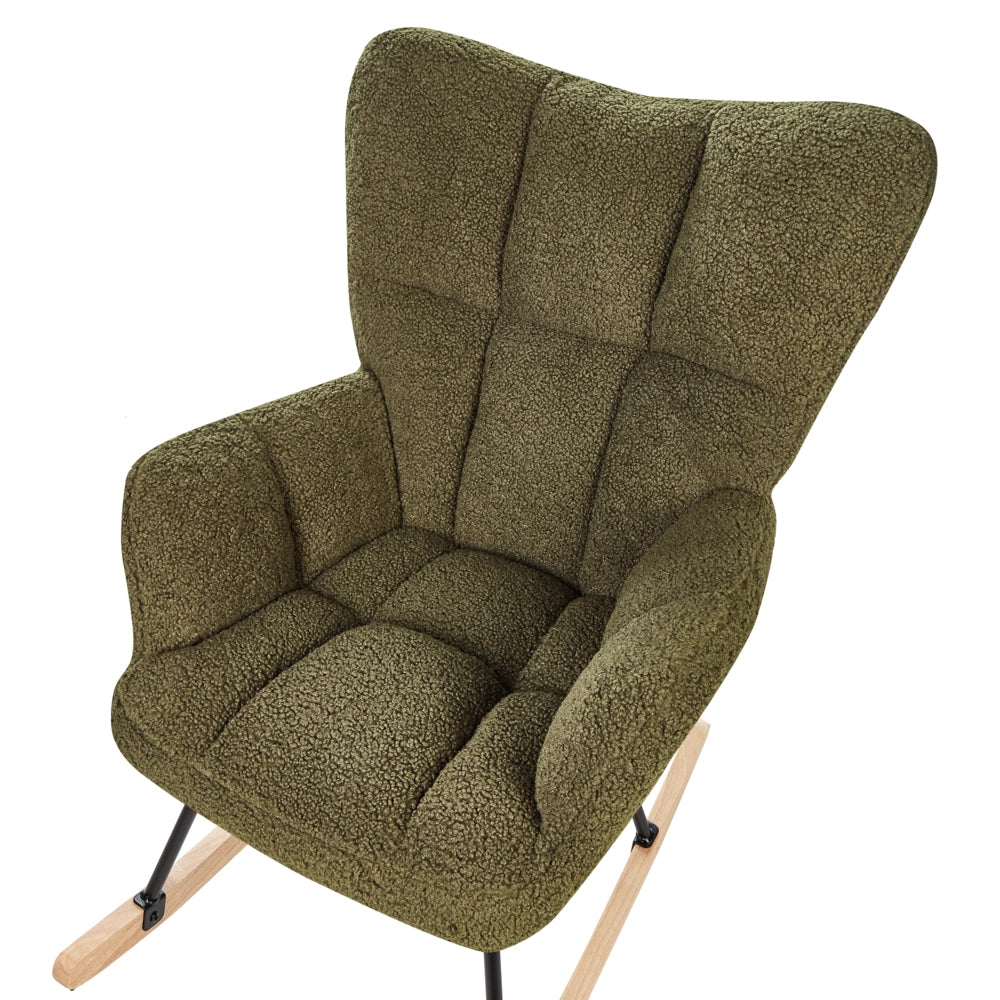 Sedia a dondolo verde scuro Tessuto poliestere Rivestimento Gambe di legno Pattini Moderna Biscuit Tufting