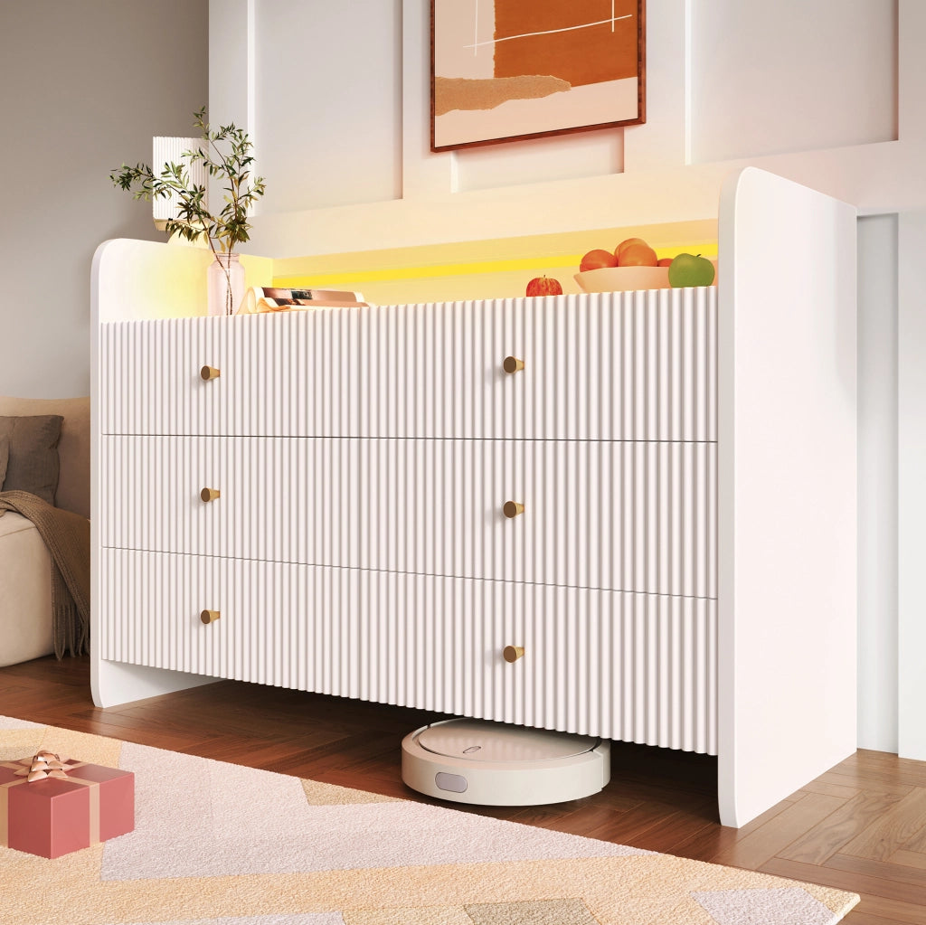 Credenza bianca con LED, 6 cassetti e design a onde, 120 x 40 x 75 cm