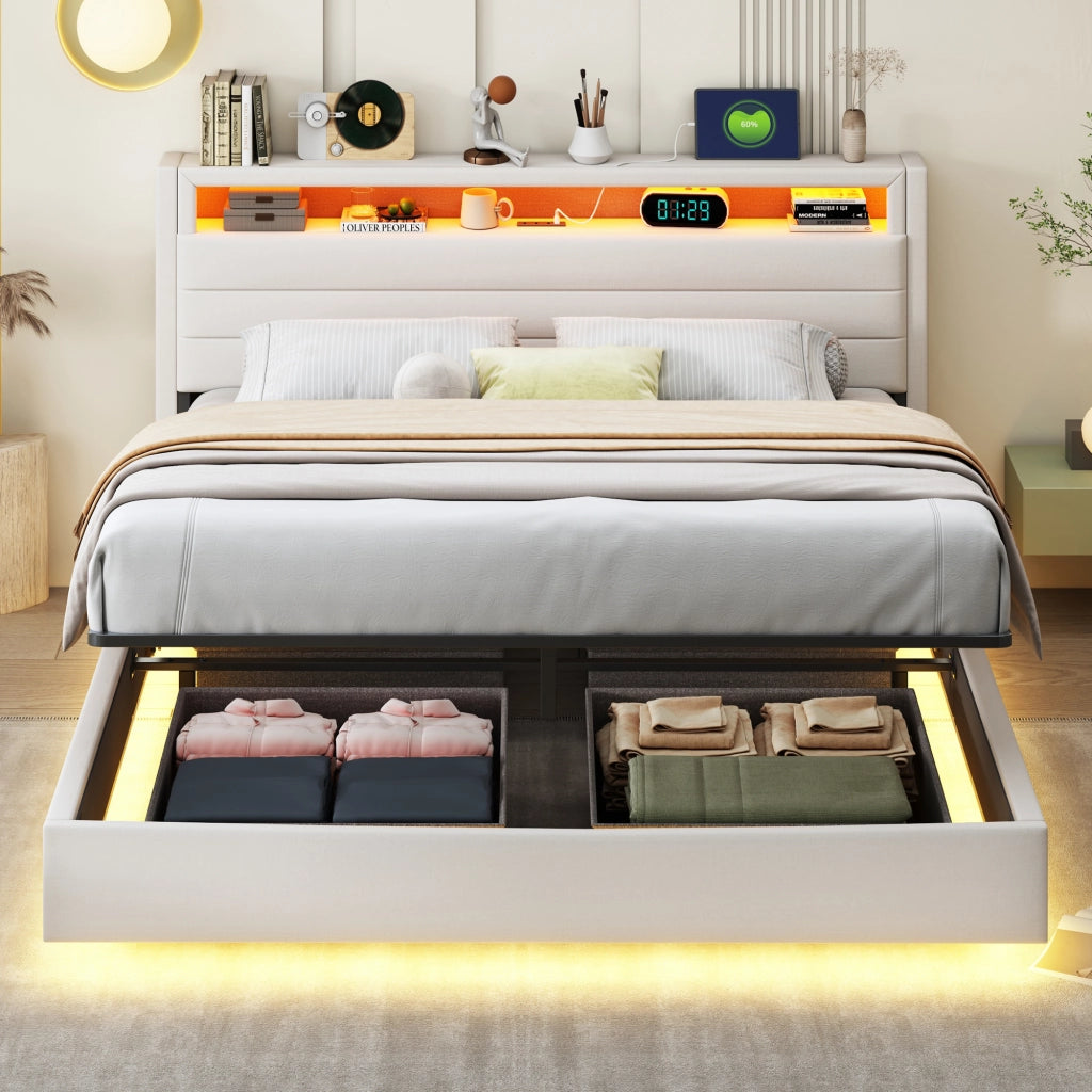 OKWISH Letto Contenitore 160×200 cm, Letto Matrimoniale con USB, LED Regolabile e Testiera Reversibile, senza Materasso, in Tessuto, Beige