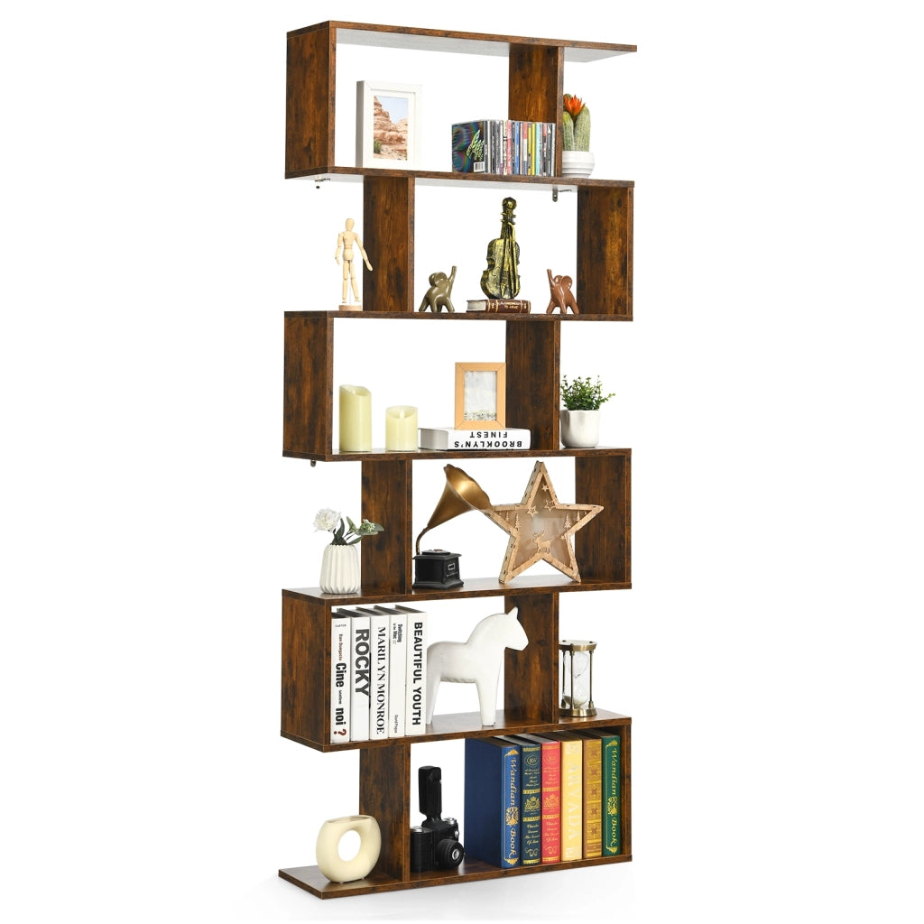Libreria a 6 livelli a forma di S con dispositivo antiribaltamento-Scaffale di legno per casa e ufficio Caff¨¨