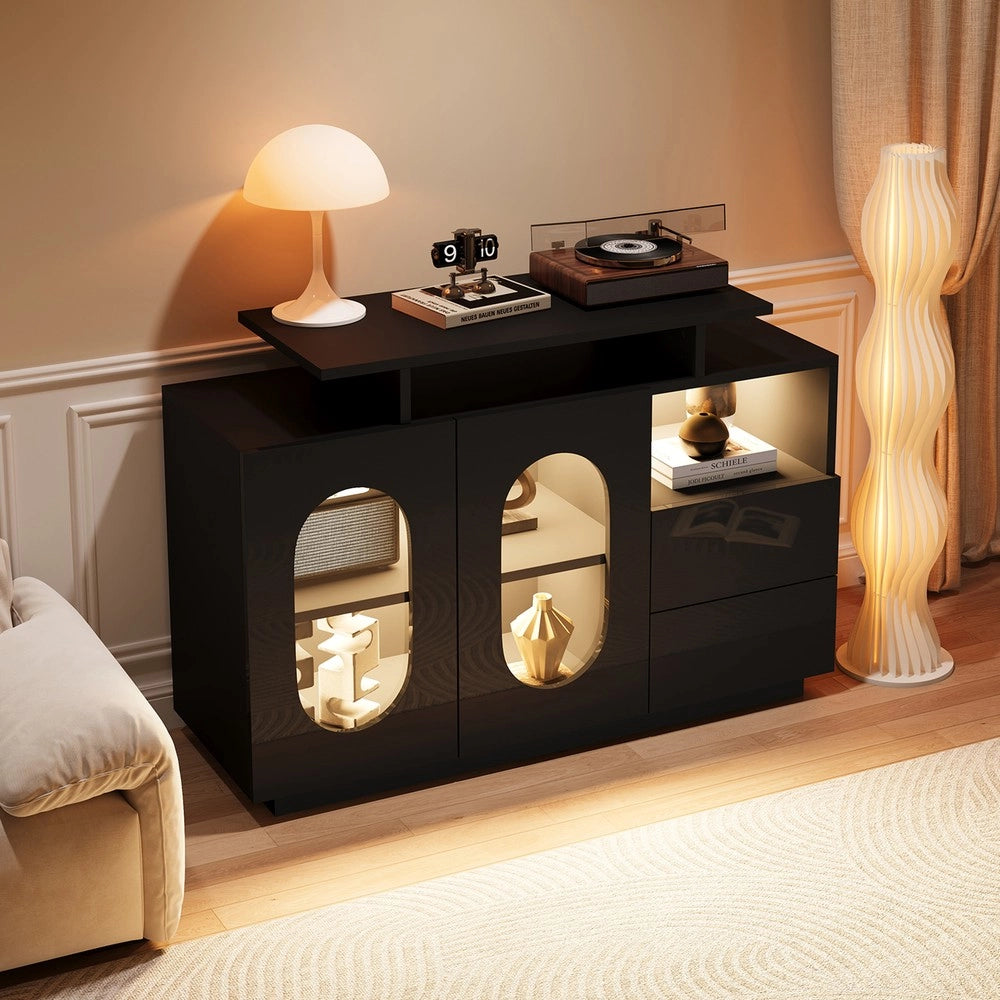 Credenza LED con Ante in Vetro ¨C MINIMAL ¨C Nero Lucido