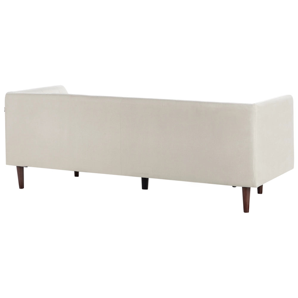 Divano a 3 posti con rivestimento in tessuto beige chiaro gambe in legno e schienale con bottoni