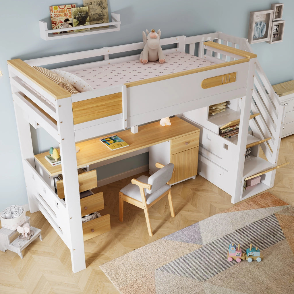 Letto a Soppalco 90x200 cm - Scrivania; Cassetti e Scala Contenitore - Bianco