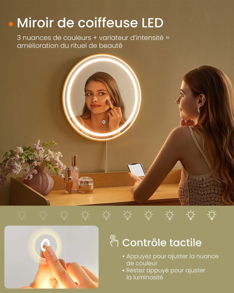 Toeletta con specchio e luce tavolo da trucco con 3 cassetti finto rattan luce regolabile con 3 tonalità di colore stile bohémien camera da letto beige 12_0006048